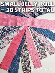 a bunch of different types of ties on top of a white surface with text overlay that says, small jelly roll = 20 strips