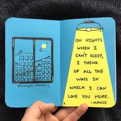 someone is holding up a book with an image of a cell phone and the words, on nights when i can't sleep, i think of all the ways in which i can love you more