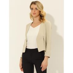 This blazer suit jacket decor with two zippers on the side, and the design of one hook-eye button closure make it easy to wear and take off. Keep your work-wear wardrobe up-to-date by adding this pretty blazer. Pair with a range of blouses and a pencil skirt or cigarette pants and show off your charming office style. Elegant Long Sleeve Blazer With Zipper Closure, Elegant Formal Blazer With Zipper Closure, Chic Formal Blazer With Zipper Closure, Elegant Office Blazer With Zipper Closure, Office Blazer With Zipper Closure And Long Sleeves, Fall Office Blazer With Zipper Closure, Elegant Open Front Blazer For Office, Elegant Open Front Office Blazer, Elegant Outerwear With Zipper Closure For Work