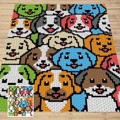 a dog themed rug with many different dogs and cats on the floor in front of it