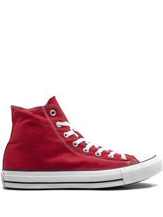 Red rubber and canvas All Star hi-top sneakers from Converse featuring an ankle length, a lace-up front fastening and a round toe. These styles are supplied by a premium sneaker and street wear marketplace. Stocking only the most sought-after footwear and clothing, they source and curate some of the most hard-to-find items from around the world. Red High Top Converse, Converse Red, Red Converse, Red Sneakers, Hi Top, Sneakers Men Fashion, Converse Chuck Taylor All Star, Espadrille Shoes, Womens Converse