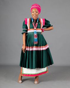 Mogoshadi Pleated Bridal Set in Green – MEDU Sepedi Traditional Attire, Pedi Traditional Attire, Sleek Updo, African Print Dresses, African Prints, Tailored Design, Bold And Beautiful, Ankara Styles