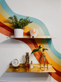 a shelf with some plants on it next to a clock and potted houseplant