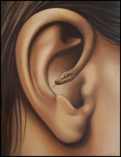 a painting of a woman's ear with a snake in it