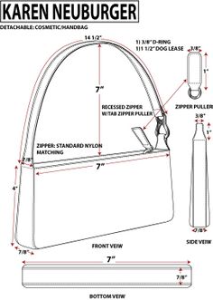 the measurements for a handbag that is not in use, and has been drawn to show