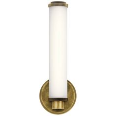 an old fashioned wall light with a white cylinder on the front and gold trimming