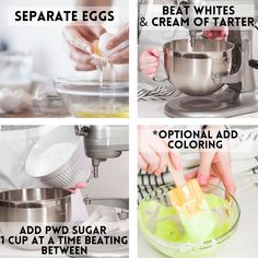 four pictures showing how to mix ingredients in a mixing bowl