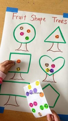 a child's hand holding up a piece of paper with fruit shape trees on it