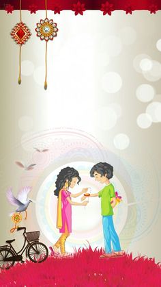 two children playing with each other in front of a bird and flower decorated wallpaper