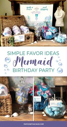 a mermaid themed birthday party with blue and purple decorations, soaps, candies and other items