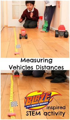 two pictures with the words measuring vehicles distances and an image of a boy sitting on the floor