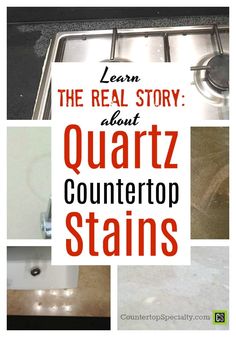 the words learn the real story about quartz countertop stains in red and white