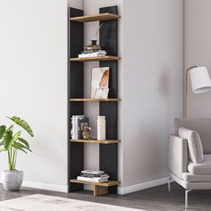 a living room with a chair and bookshelf next to a plant in the corner