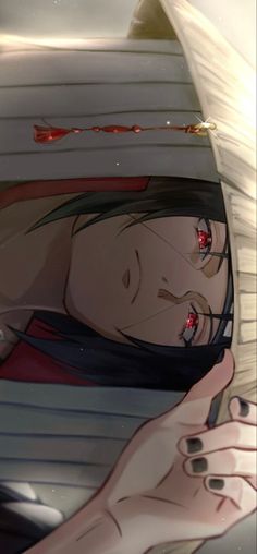 an anime character laying in bed with her head on the pillow and eyes closed, staring at something