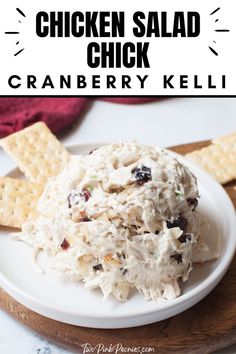 Image with text that says Chicken Salad Chick cranberry Kelli with an image of chicken salad and crackers below it. Chicken Salad Chick Recipe Copycat, Copycat Chicken Salad Chick, Copycat Chicken Salad, Chicken Salad Chick Recipe, Cranberry Almond Chicken Salad, Chicken Salad Chick, Chicken Celery, Creamy Dijon, Cranberry Chicken Salad