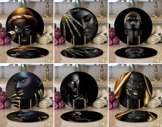 many different pictures of black women with gold jewelry on their faces and hands in front of them