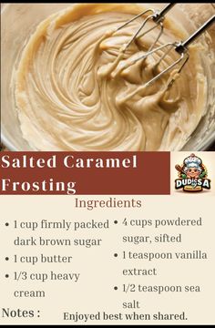 the ingredients for salted caramel frosting in a bowl