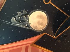 a painting on the ceiling of a room with a ship and moon in it's center