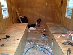 the inside of a house being remodeled with wood flooring and construction tools on the counter