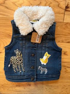 NWT Crazy 8 Brand Denim Vest With Removable Collar, Animal Patches and Appliques, Snap Closure Animal Patchwork, Animal Patches, Blue Jean Vest, Toddler Vest, Kids Vest, Blue And White Shorts, Removable Collar, White Jean Jacket, Shirt Hair