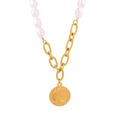 Gold Chain Splicing Pearl Necklace With Portrait Pendant Pendant Pearl Necklace With Adjustable Chain, Metal Chain Necklace With Pearl Pendant, Pearl Chain Pendant Necklace In Metal, Metal Coin Necklace, Clavicle Style, Ideal For Gifting, Yellow Gold Necklace With Pearl Chain And Round Pendant, Metal Pearl Chain Necklace With Round Pendant, Metal Clavicle Chain Pearl Pendant Necklace, Metal Pendant Pearl Necklace With Adjustable Chain, Gold-plated Pearl Pendant Dangle Necklace