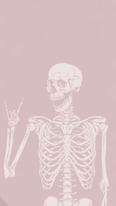 a skeleton is standing in front of a pink background