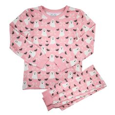 Get ready to snuggle up for Boo season! This fun new Halloween print is a shop favorite! Featuring adorable white ghosts, friendly little bats, and perfect girly bows, these pink loungewear sets won’t disappoint! The collar and ankles are trimmed in coordinating pink. - Item will begin to ship towards the end of September - 65% cotton | 35% polyester | 5% spandex - Machine wash cold. Lay down to air dry or tumble dry on low - Click the “add personalization” box to upgrade this item and make it e Playful Halloween Sleepwear For Sleepover, Pink Ghost Blanket Homegoods, Casual Cotton Halloween Sleepwear, Fall Loungewear, Pink Loungewear, Kids Halloween Pajamas, Hello Kitty Print Pink Cotton Sleepwear, Halloween Pajamas, Baby Baptism