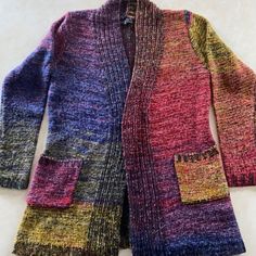 Rainbow Sweater Super Soft Open Front Cardigan With Pockets Size Small Multicolor Knitted Outerwear For Layering, Multicolor Sweater Coat For Fall, Multicolor Long Sleeve Sweater With Pockets, Multicolor Long Sleeve Sweater Coat For Fall, Multicolor Knitted Sweater Coat For Fall, Multicolor Wool Long Sleeve Cardigan, Fitted Multicolor Knitted Outerwear, Fitted Multicolor Wool Outerwear, Multicolor Winter Sweater With Pockets