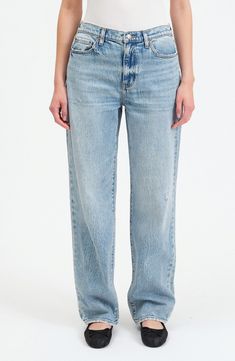 Low-stretch denim in the perfect light wash elevates these vintage-inspired jeans designed with straight legs and an always-on-trend high waist. 31" inseam; 18" leg opening; 12" front rise; 15" back rise (size 29) Zip fly with button closure Five-pocket style 69% cotton, 30% organic cotton, 1% spandex Machine wash, tumble dry Imported Light Wash Straight Cotton Jeans, Light Wash Mid-rise Mom Jeans, Light Wash Mom Fit Jeans In Rigid Denim, Light Wash Mom Jeans In Rigid Denim, Light Wash Mom Fit Rigid Denim Jeans, Light Wash Mid-rise Flare Jeans For Streetwear, Light Wash High Rise Jeans For Streetwear, Light Wash High Rise Straight Fit Cropped Jeans, High Rise Light Wash Jeans For Streetwear