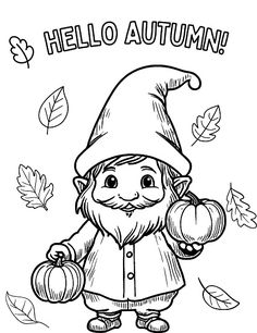 an autumn gnome with pumpkins and leaves