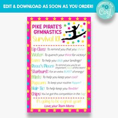 a printable poster with the words pike pirate's gymnastics survival kit