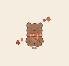 Bear with a scarf and some leaves Art Sketches On Ipad, Fall Items Drawing, Autumn Bear Illustration, Cute Easy Bear Drawing, Fall Drawing Wallpaper, Fall Stuff To Draw, Fluffy Bear Drawing, Cute Fall Art Drawings, Fall Cute Illustration