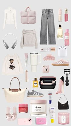 the contents of a woman's travel bag are arranged on a gray background with pink accents