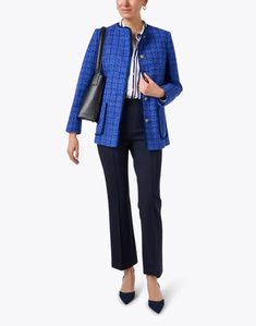 Add a fun pop of color to your fall outfitting with the Rita jacket from Helene Berman. Its longline silhouette features feminine accents like a gold button front closure, patch pockets, and a fringe trim. Perfect for layering or worn on its own as a top, this piece is sure to be your new go-to for daytime outings. Blue Tweed Jacket, Blue Tweed, Fringe Trim, Tweed Jacket, Long A Line, Fall Outfits, Color Pop, Layering, Trim