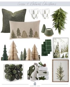 green and natural christmas mood board with pine trees, evergreens, fir cones, white linen pillows