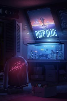 a neon sign that reads deep blue in front of a room filled with other items