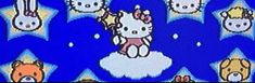 an image of hello kitty and other animals on a blue background with white stars in the sky