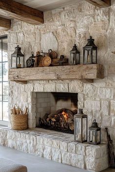 Old Beam Fireplace Mantle, Over Grouted Rock Fireplace, Fireplace Backsplash Stone, Fireplace With Long Hearth, Stone Fireplace Aesthetic, White Mortar Brick Fireplace, Elegant Brick Fireplace, Plaster Stone Fireplace, Long Hearth Fireplace