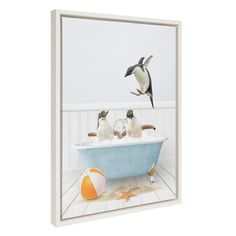 three penguins in a bathtub with one penguin flying above