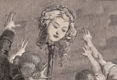 an old drawing of two children reaching up to touch the hand of another child's head