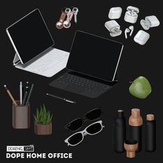 an image of office supplies on display with laptop and other items in front of them