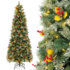 a decorated christmas tree next to a white backdrop with red and yellow ornaments on it