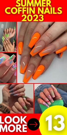 Trending Acrylic Nails Orange, Nails 2023 Trends Medium Coffin, Trendy Summer Nails 2023 Coffin, Trending Summer Nails 2023 Coffin, Summer Nails 2023 Ideas, Latest Nails 2023, Trending Coffin Acrylic Nails, Nails 2023 Trends Summer Coffin, Summer Nails 2023 Color Trends Long