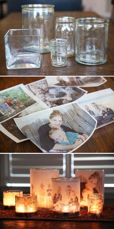 some candles and pictures on a table