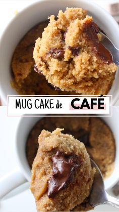 two pictures of muffins with chocolate in them and the words, mug cake de cafe