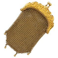 We are thrilled to show you these magnificent French heirlooms. This rare and glamorous treasure dates back to the Art Nouveau period. It is a delightful miniature mesh coin purse with a very detailed hing closure and hundreds of hand made small links woven together. This 18 ct yellow gold jewel is hallmarked with a French eagle head and is in very good condition considering its age. It is in perfect working condition and a pleasure to wear. We like to mention that the back of the purse has deeper scratches as clearly visible in the pictures. This 18k solid gold purse is, like most items from this period, dipped in a very yellow gold. Meaning that there is an extra yellow layer on top of the already solid gold base. This is why the gold, revealed by the scratches, has a different colour. W Elegant Engraved Gold Bags, Victorian Gold Bag As Gift, Handmade Victorian Gold Bags, Antique Engraved Rectangular Bags, Antique Engraved Rectangular Bag, Antique Rectangular Engraved Bags, Gold Wedding Bag With Gold-tone Hardware, Gold Wedding Bags With Gold-tone Hardware, Engraved Rectangular Evening Bag