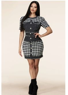 This denim dress with houndstooth sweater detail is idea way to wear two outfits in one. Zips up the back and also has a liner underneath. Pretty Boutique, Houndstooth Sweater, Denim Dress, The Back, Make It, Zip Ups, Honey, Mini Dress, Boutique