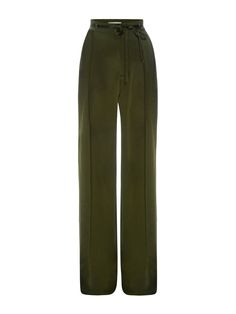 A 100% silk high rise, wide-leg trouser with front center pleats for a dramatic silhouette that drapes beautifully. Featuring a skinny waist tie for an adjustable fit and side and back pockets. High Rise FitDry Clean Only100% Silk13.25" Front Rise/32" Inseam/28.5" Leg Opening Dramatic Silhouette, Pleat Dress, Silk Trousers, Menswear Inspired, Caicos Islands, Turks And Caicos Islands, Military Green, Pleated Dress, Waist Tie