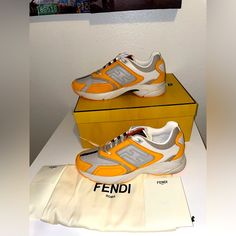 New Fendi Faster Trainer Sneakers Leather Mesh Grey Yellow Beige Sz Uk 10 Us 11 $1100 Retail Designer Orange Sneakers, Luxury Orange Sneakers, Designer Yellow Sneakers With Round Toe, Luxury Yellow Sneakers With Round Toe, Designer Yellow Leather Sneakers, Luxury Yellow Low-top Sneakers, Fendi Sneakers, Men Logo, Yellow Beige