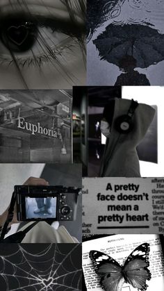 a collage of black and white images with words